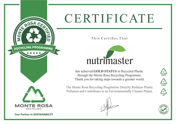 Monte Rosa Recycling Programme certificate awarding NutriMaster Gold Status